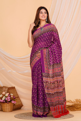 ABSOLUTE FASHION HUB Printed Saree with Attached Blouse Cotton Blend Saree(Purple)