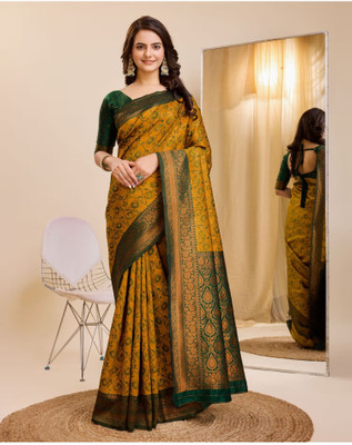 VASTUKALA Woven Kanjivaram Pure Silk, Art Silk Saree(Yellow, Green)