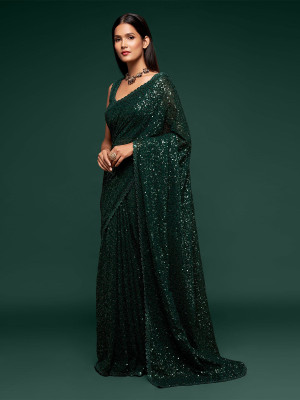 odette Embellished Saree with Attached Blouse Georgette Saree(Green)