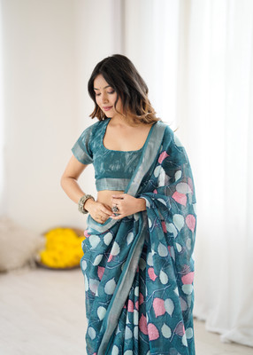 BHAGYAVATI DESIGNER Floral Print Bollywood Linen Saree(Blue)