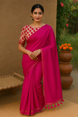 TARAMAACREATION Solid/Plain Kalamkari Handloom Pure Cotton Saree(Pink)