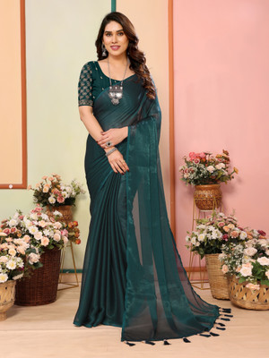HouseOfCommon Solid/Plain Bollywood Silk Blend Saree(Blue)