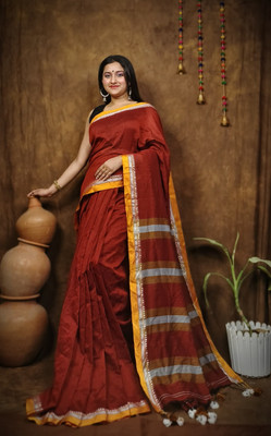 Bikash Dutta Fashion Self Design Handloom Cotton Blend Saree(Brown)