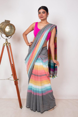 SRINJAN FASHION Color Block Handloom Handloom Cotton Linen Saree(Multicolor)