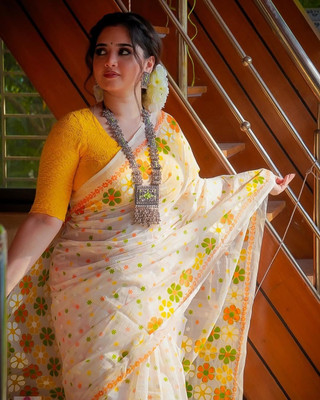 Maruti Fashion Solid/Plain Bollywood Silk Blend Saree(White)