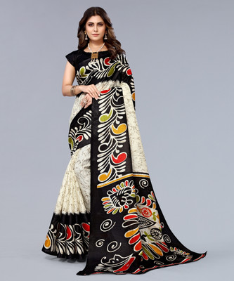 YASHIKA Printed Hand Batik Art Silk Saree(Black)