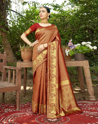SIRIL Embroidered Kanjivaram Jacquard, Silk Blend Saree(Red, Gold)