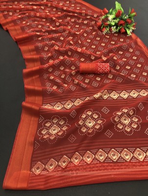 SARETRA MALL Printed Bandhani Cotton Linen Saree(Red)