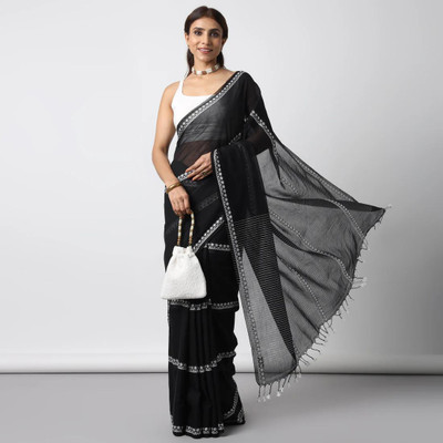 binita Embroidered Handloom Cotton Blend Saree(Black)