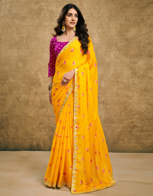 Satrani Self Design Bollywood Georgette, Chiffon Saree(Yellow)