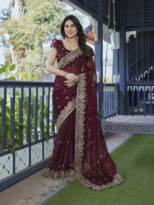 Moda Rapido Embroidered Bollywood Chiffon, Organza Saree(Brown)