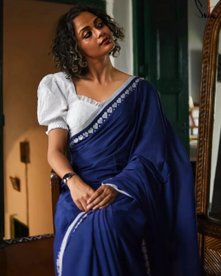 SMRITI HANDLOOM Self Design Handloom Cotton Blend Saree(Blue)
