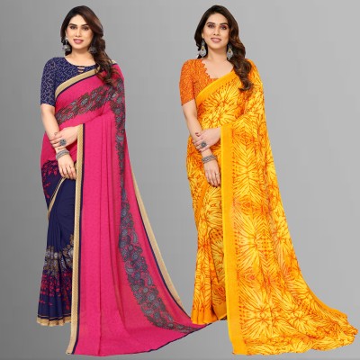 Anand Sarees Floral Print, Polka Print, Ombre, Printed Bollywood Georgette Saree(Pack of 2, Pink, Dark Blue, Yellow)