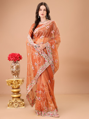 SPAREN CREATION Embroidered Bollywood Net Saree(Orange)