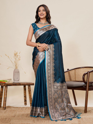 Nayanthara Trends Woven Banarasi Silk Blend Saree(Dark Blue)