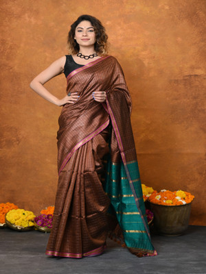 Very Much Indian Solid/Plain Handloom Tussar Silk Saree(Brown)