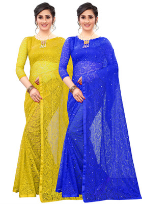 Croza Self Design Bollywood Net Saree(Pack of 2, Multicolor)