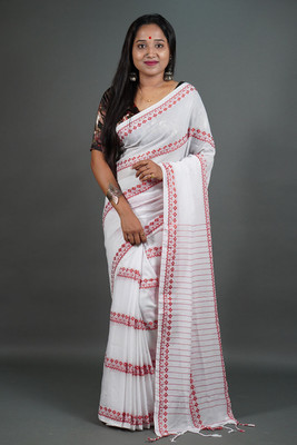 GOLU Woven Handloom Pure Cotton Saree(White)