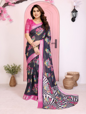 Moda Rapido Floral Print Bollywood Cotton Blend Saree(Blue)