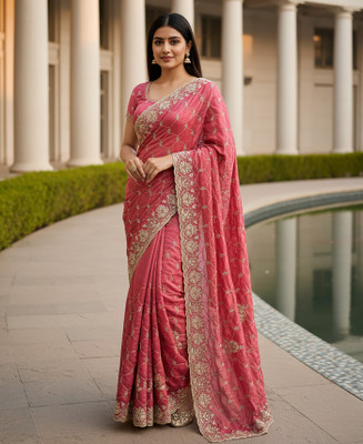 Trijal Fab Embroidered Bollywood Pure Silk Saree(Pink)