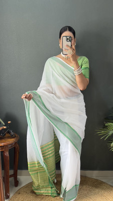 MM VENTURE Striped Chanderi Cotton Blend Saree(Green)