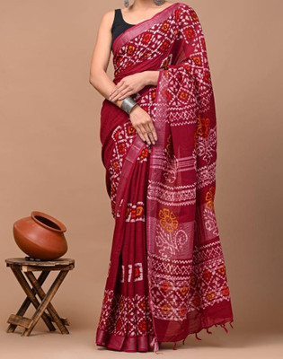 havya creation Printed Banarasi Linen Saree(Red)