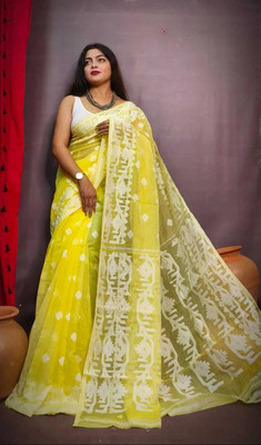 OWALID Self Design Jamdani Cotton Silk Saree(Yellow)