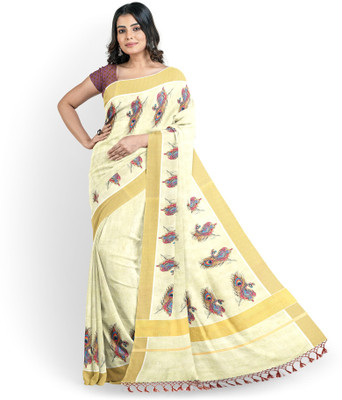 Chithra Fabrics Printed Kasavu Tissue Saree(Beige)