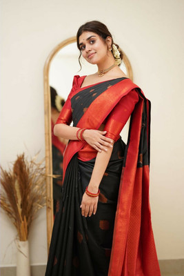 Anjaneya Sarees Woven Banarasi Silk Blend Saree(Black)