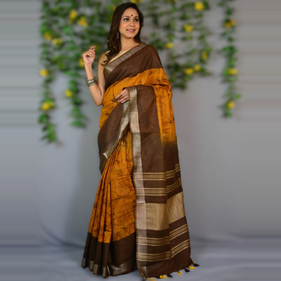 LAXMIPATI FASHION HUB Striped, Printed, Woven Bollywood Cotton Linen Saree(Mustard)