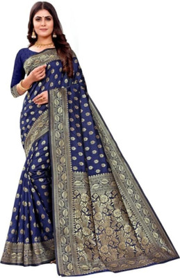 LEAFSY Self Design Banarasi Jacquard Saree(Dark Blue)