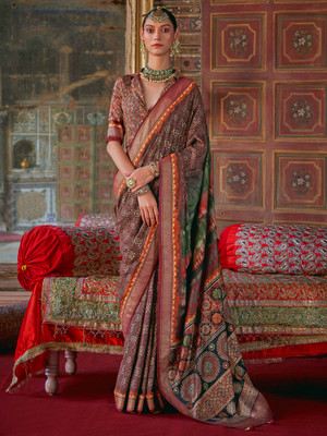 ANOUK Printed Bandhani Silk Blend Saree(Brown)