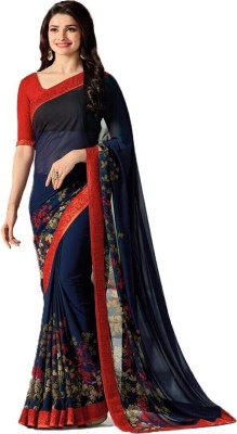 Hinayat Fashion Printed Bollywood Chiffon Saree(Dark Blue)