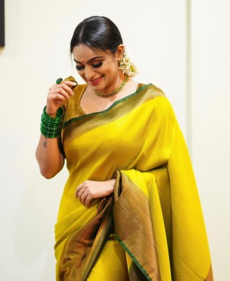 V V FASHION Floral Print Kanjivaram Cotton Silk Saree(Yellow)