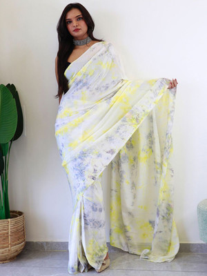 Anouk Rustic Dyed Pre Draped Saree Chiffon Saree(White)