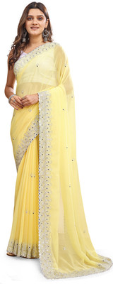 SIZU Embroidered, Solid/Plain Bollywood Georgette Saree(Yellow)