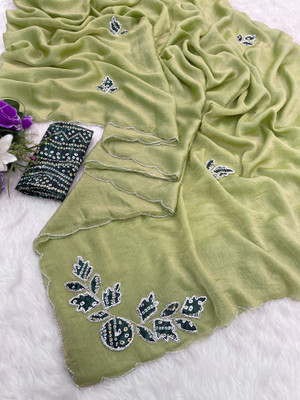 Zari and Ziba Embroidered Bollywood Chiffon Saree(Green)