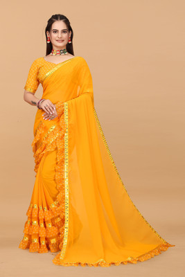 KEZIFY Self Design Bollywood Georgette Saree(Yellow)