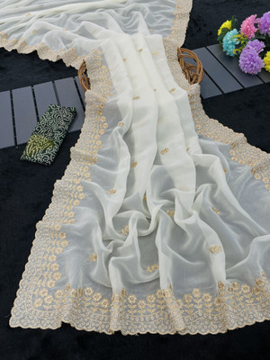 Zari and Ziba Embroidered Bollywood Jimmy choo Saree(White)