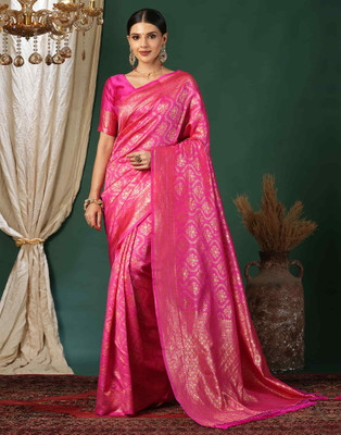 FEBART CREATION Embroidered Banarasi Pure Silk Saree(Pink)