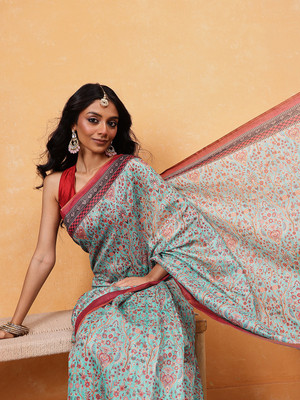 SILK ZONE Printed Chanderi Pure Cotton Saree(Light Blue)