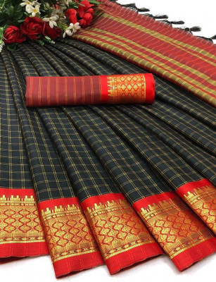 JbWorld Checkered, Woven Gadwal Cotton Silk, Pure Silk Saree(Black, Red)