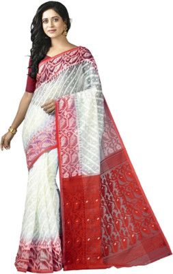 Revival Printed Jamdani Cotton Blend Saree(White, Red)