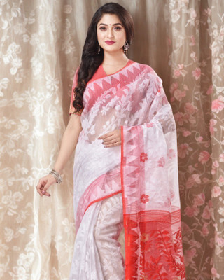 Desh Bidesh Woven, Temple Border, Self Design, Paisley, Solid/Plain Handloom Handloom Cotton Blend, Pure Cotton Saree(Red, White)