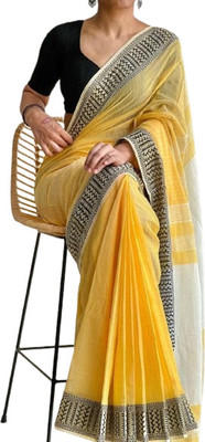kalpana handloom Solid/Plain Tant Cotton Blend Saree(Yellow)