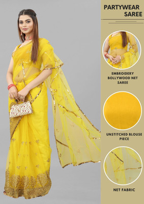 Yashvi Designer Embroidered Bollywood Net Saree(Yellow)