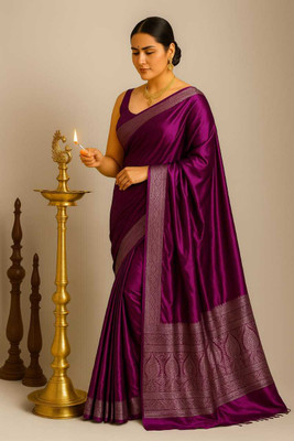 LYANNA Printed Banarasi Handloom Satin Saree(Pack of 2, Purple)