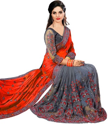 Styli-Nar Creation Printed, Digital Print, Striped, Self Design, Embroidered Bollywood Georgette Saree(Orange, Grey)