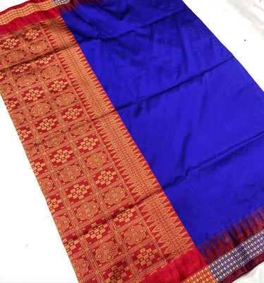 MRGN Temple Border Sambalpuri Art Silk Saree(Blue)