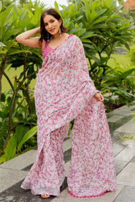 MIRCHI FASHION Printed Bollywood Cotton Blend Saree(White, Pink)